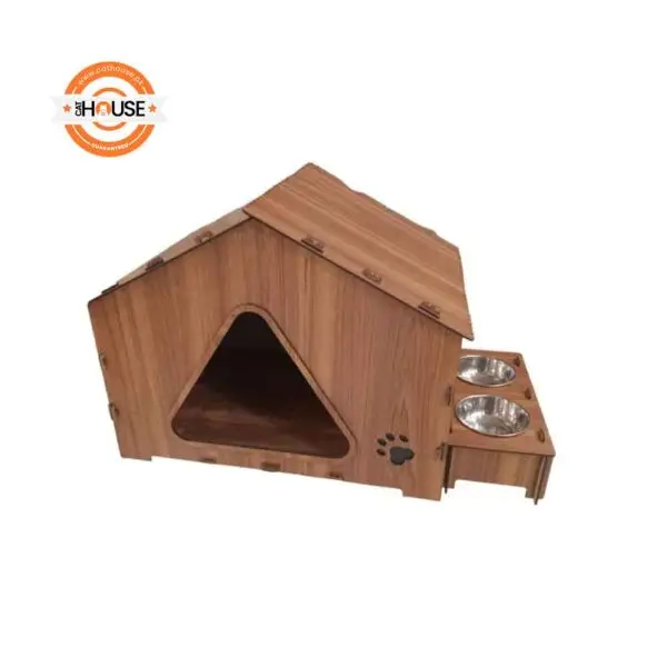 Wooden Cat House with Feeding Station Bed Bowl Set