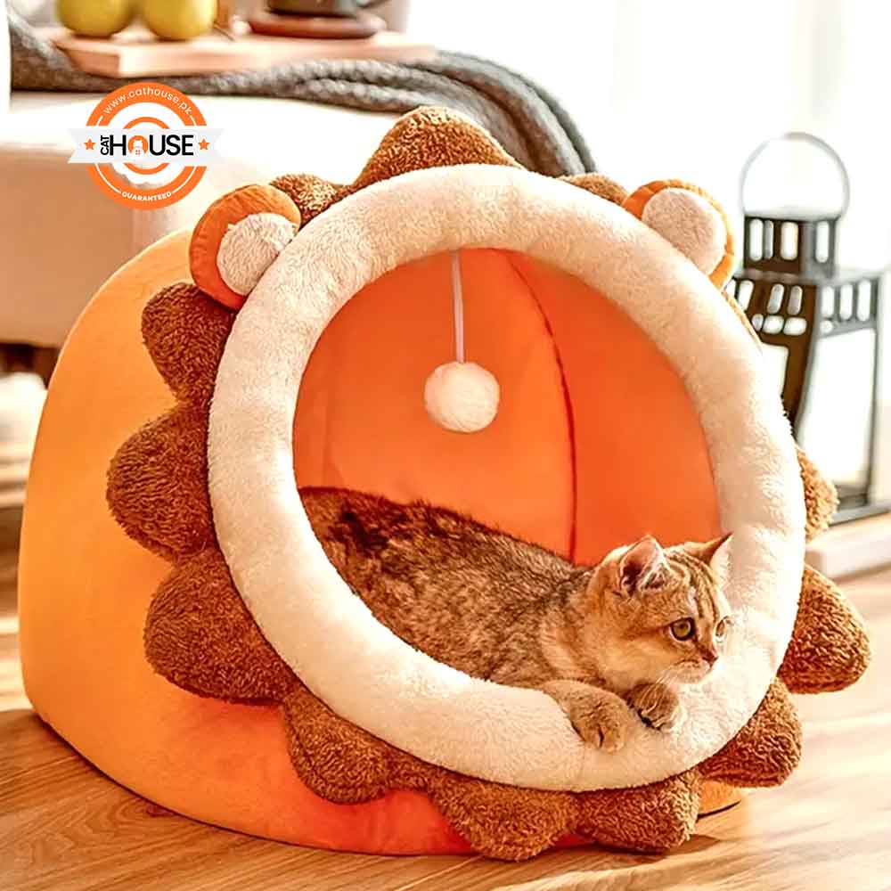 Cartoon Lion Cat Bed Plush Cave for Indoor Cats